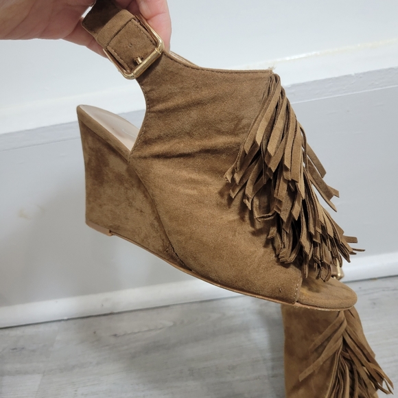 Open Back Cowgirl Fringed Open Toed Brown Suede Sandal Wedges size 6.5 - Picture 4 of 10